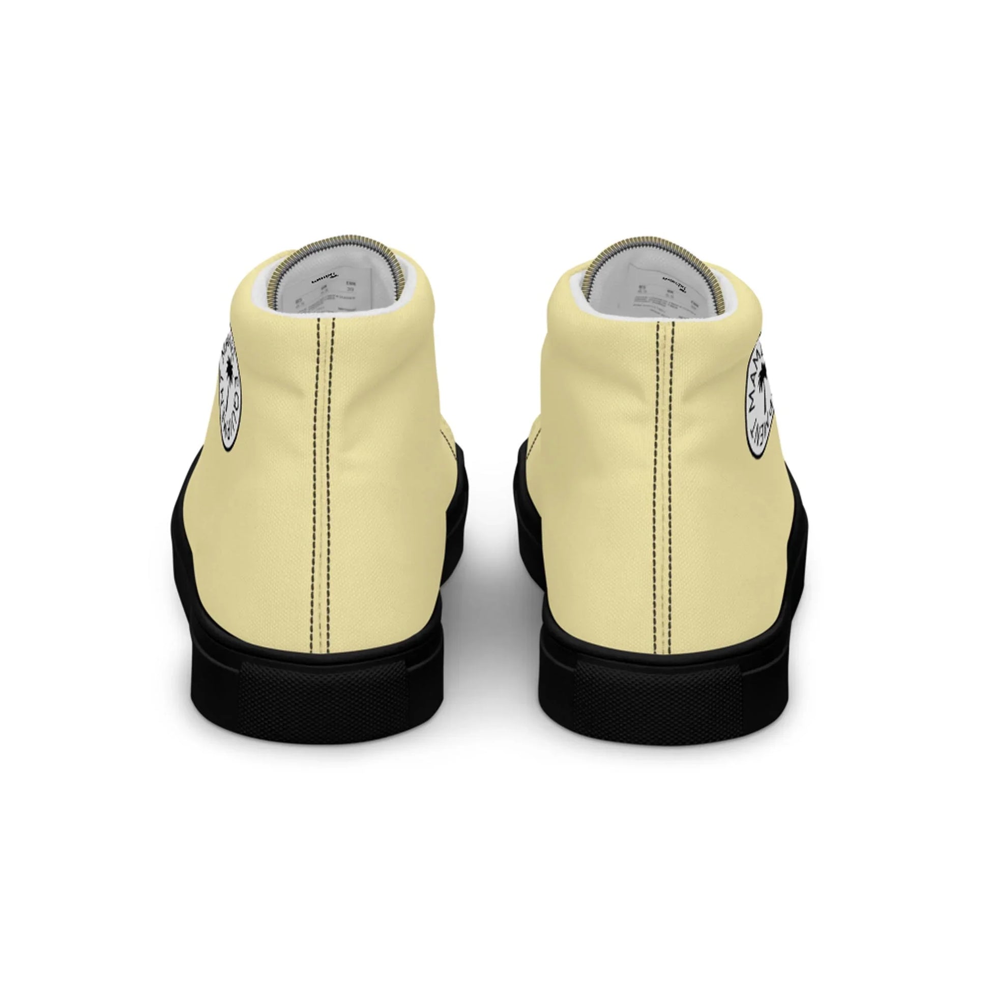 The Printful Carlito Sastre Vintage Hi-Top Sneakers for men feature Black/Banana Mania canvas uppers, black soles, black heel stitching, and a circular black and white ankle logo.