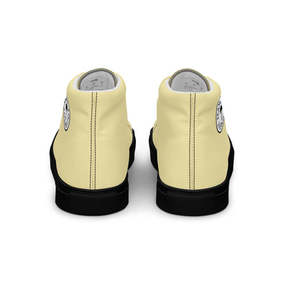 The Printful Carlito Sastre Vintage Hi-Top Sneakers for men feature Black/Banana Mania canvas uppers, black soles, black heel stitching, and a circular black and white ankle logo.