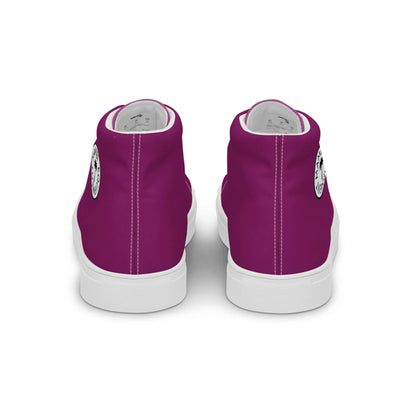 Back view of Printful Carlito Sastre Vintage Hi-Top Sneakers for women in white/eggplant, featuring a canvas upper, white soles, and a round black-and-white logo near the heel.