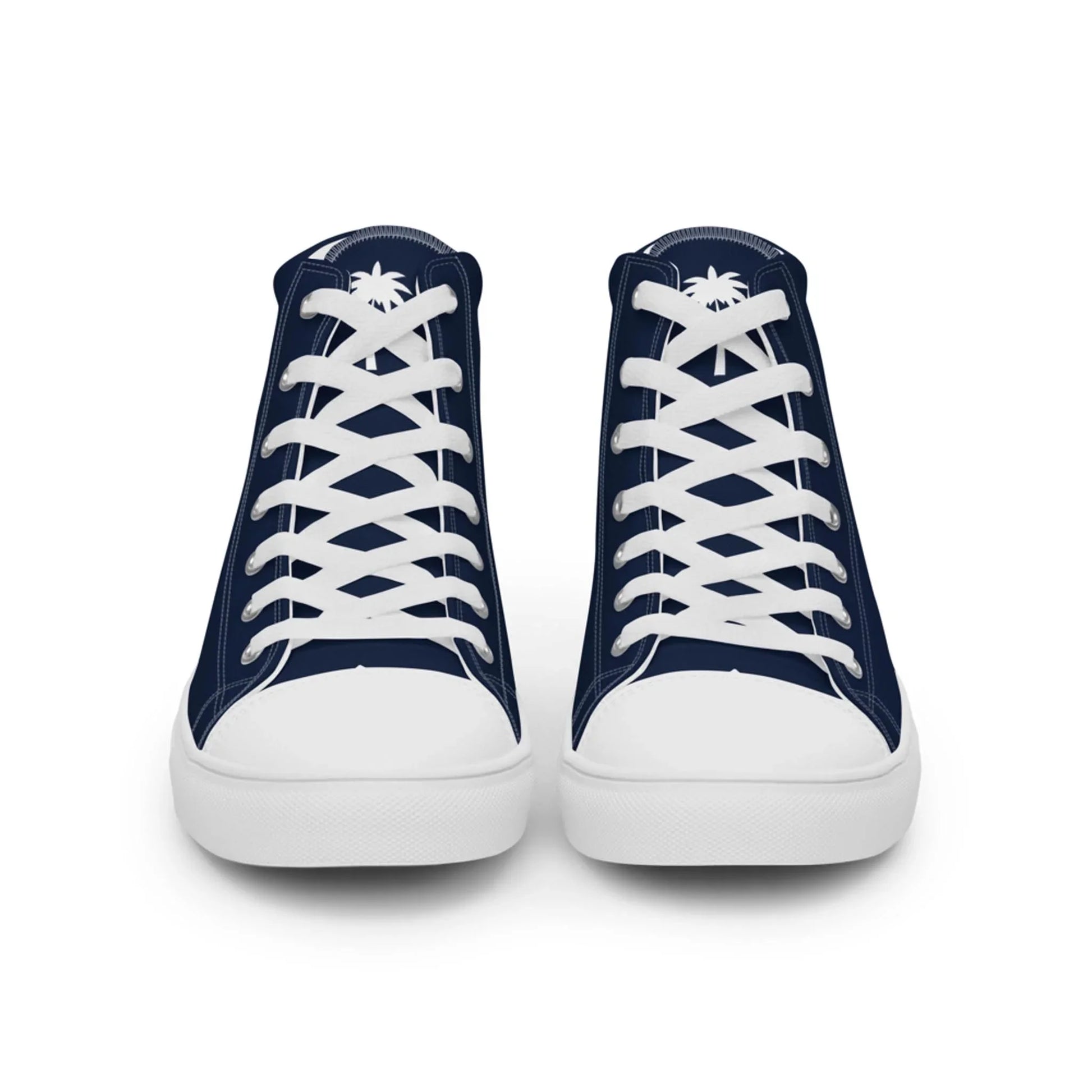 The Carlito Sastre Vintage Hi-Top Sneakers by Printful for women feature a classic navy and white design with white laces, toe caps, and soles, and a small palm tree motif on each tongue, shown from the front.
