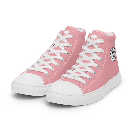 The Carlito Sastre Vintage Hi-Top Sneakers by Printful for women feature a white and pink canvas design, white laces, white soles, and a circular black-and-white logo on the side, displayed on a white background.
