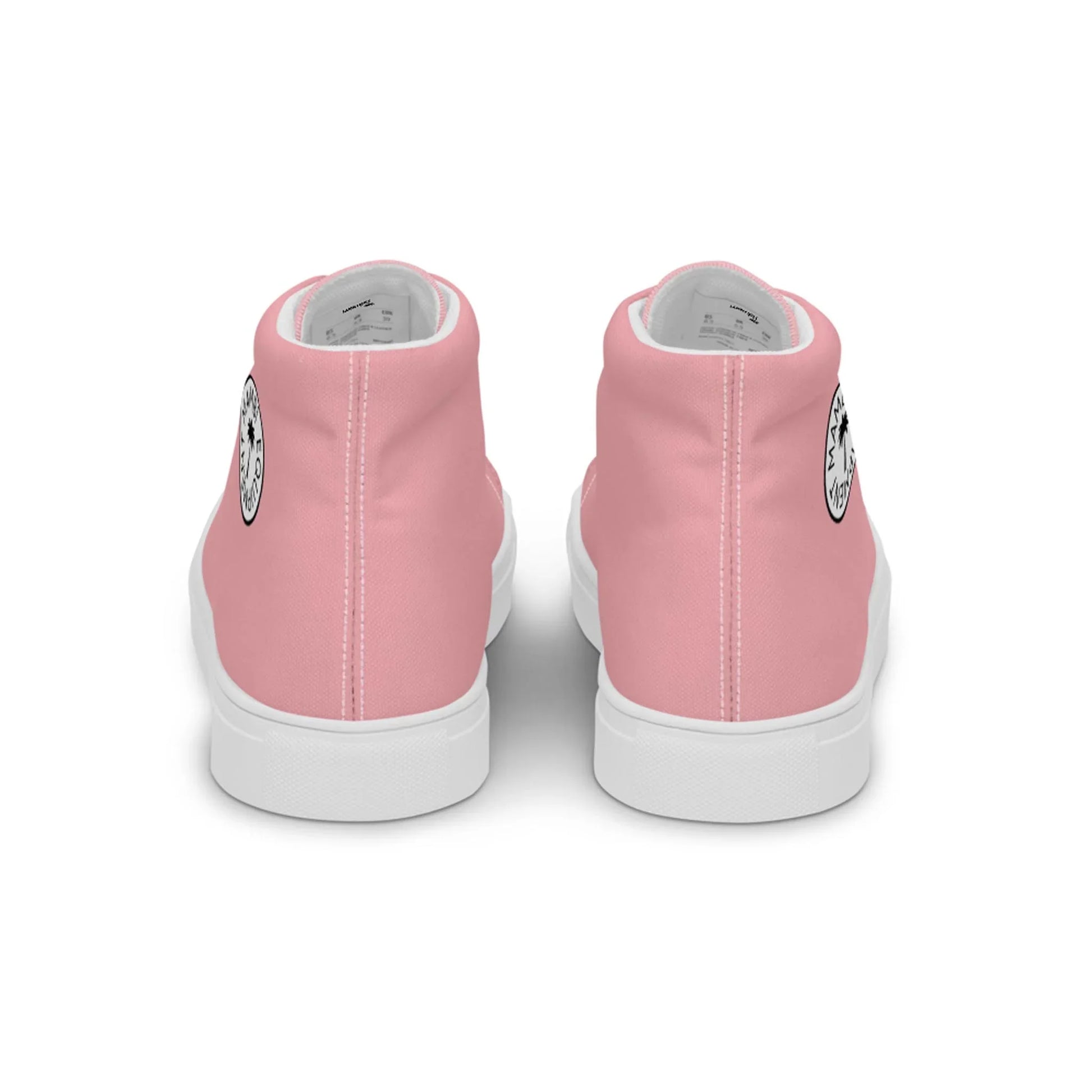 The Carlito Sastre Vintage Hi-Top Sneakers by Printful for women in white and pink feature canvas uppers, white soles, and a black-and-white circular graphic on each heel, shown from the back.