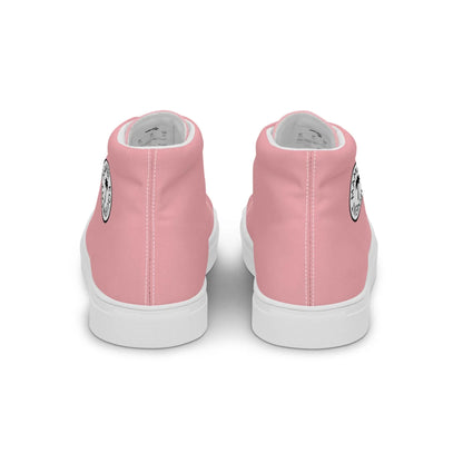 The Carlito Sastre Vintage Hi-Top Sneakers by Printful for women in white and pink feature canvas uppers, white soles, and a black-and-white circular graphic on each heel, shown from the back.