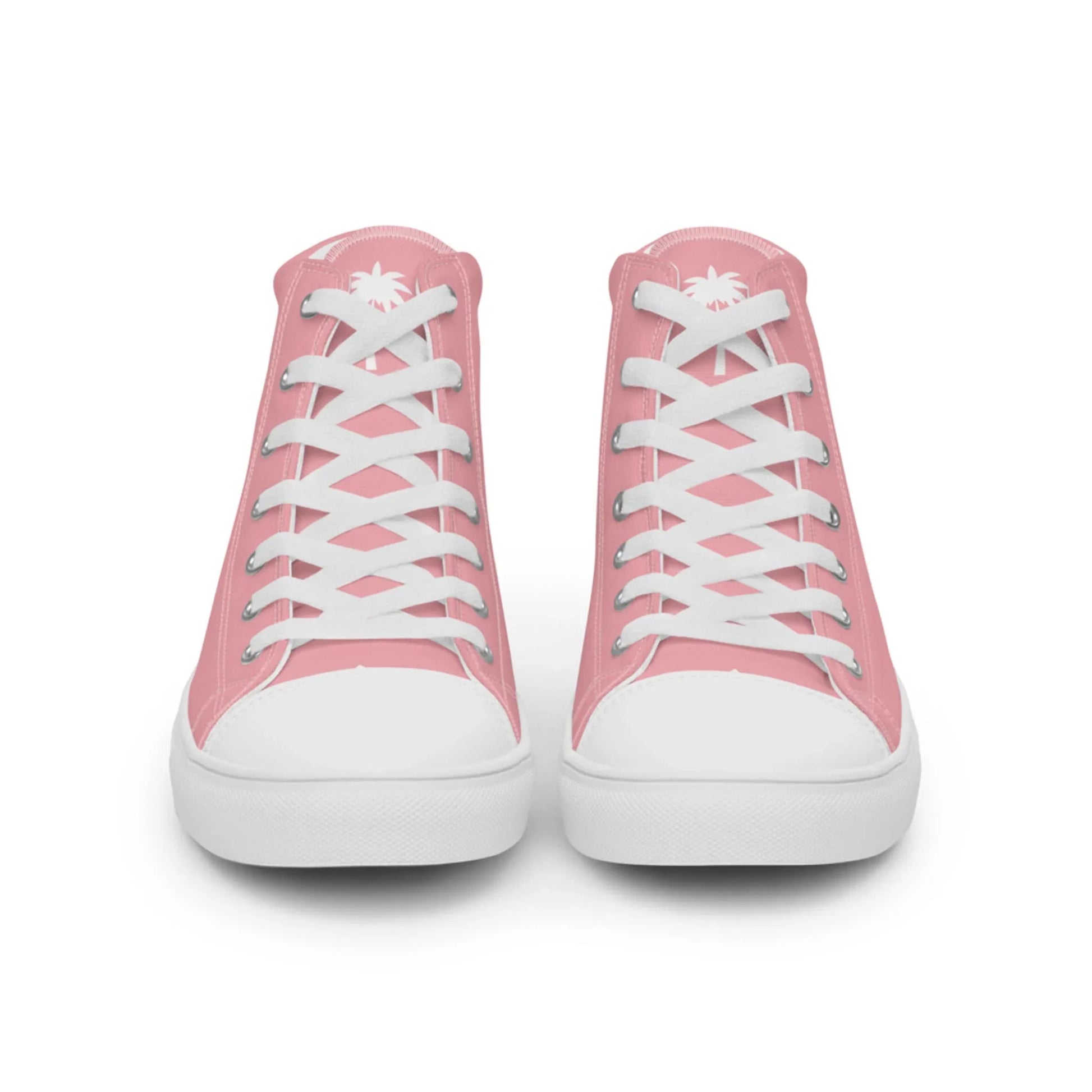 The Carlito Sastre Vintage Hi-Top Sneakers by Printful for women feature pink and white canvas, white laces and toe caps, and a small white palm tree design on the tongue.