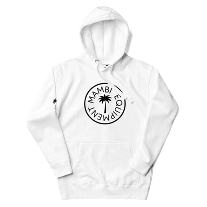 White hooded sweatshirt featuring a black circular Mambí logo on the chest with a palm tree and a small palm tree icon on the left sleeve.