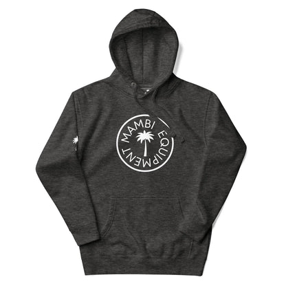 Dark gray hooded sweatshirt featuring a white circular Mambí Equipment logo and a palm tree graphic on the front, plus a small white palm tree graphic on the left sleeve.