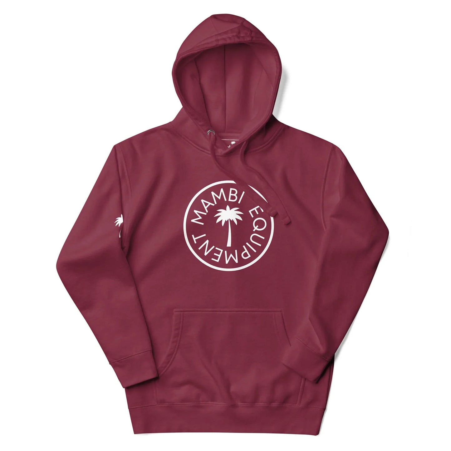 A maroon Mambí hoodie with a white circular logo featuring a palm tree and the words MAMBI EQUIPMENT; a small palm tree also accents the right sleeve.