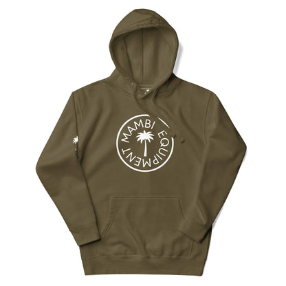 Olive green hooded sweatshirt featuring a white circular Mambí logo with a palm tree and the words MAMBI EQUIPMENT on the front; small palm tree graphic on the left sleeve.