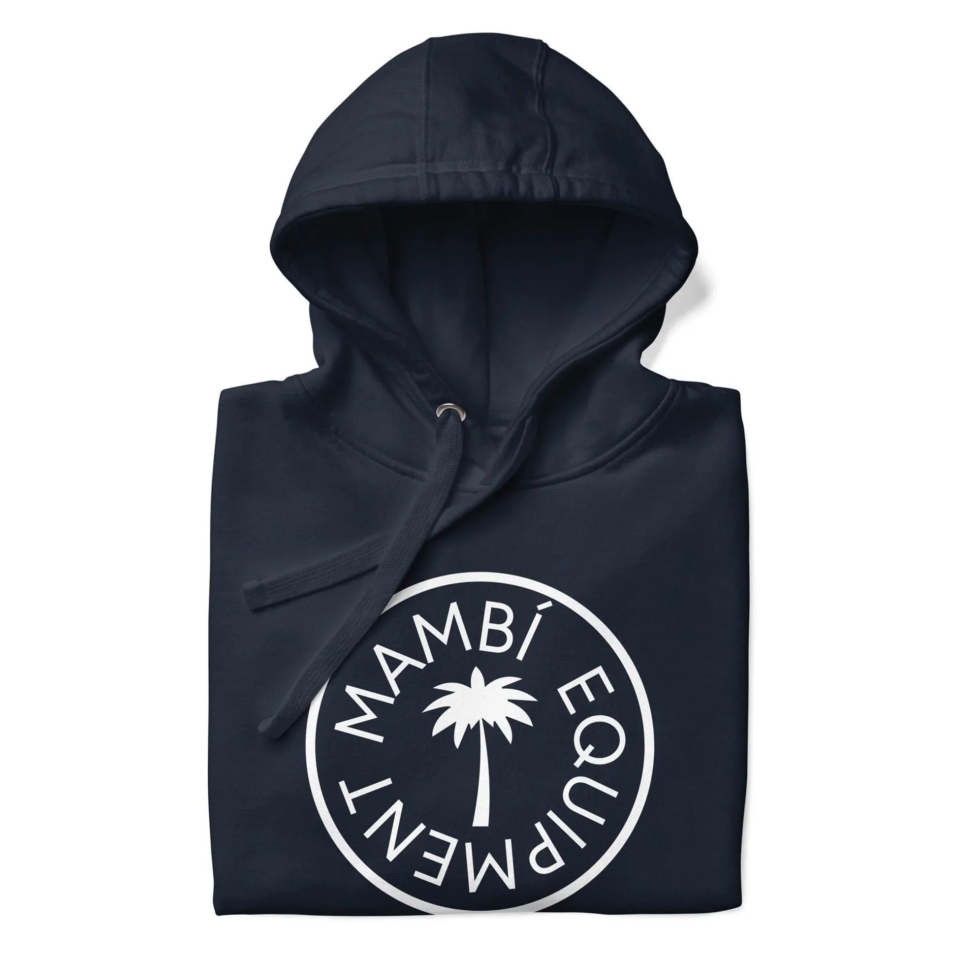 A folded navy blue hoodie with a drawstring hood, featuring a white circular Mambí logo on the chest with a palm tree in the center and MAMBÍ EQUIPMENT around it.