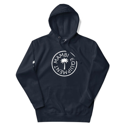 A black hooded sweatshirt featuring a large white circle logo with a palm tree and the words Mambí EQUIPMENT on the front, plus a small palm tree graphic on the left sleeve.
