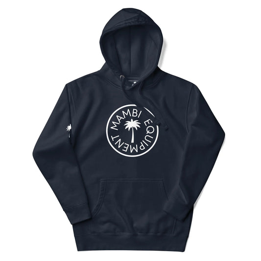 A black hooded sweatshirt featuring a large white circle logo with a palm tree and the words Mambí EQUIPMENT on the front, plus a small palm tree graphic on the left sleeve.