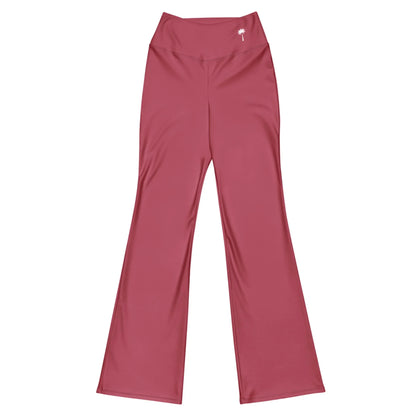 Printful Carolina Flared Performance Leggings for women in solid dusty rose, featuring a high waist, butt-lifting fit, and a small white palm tree logo near the waistband, displayed flat on a white background.