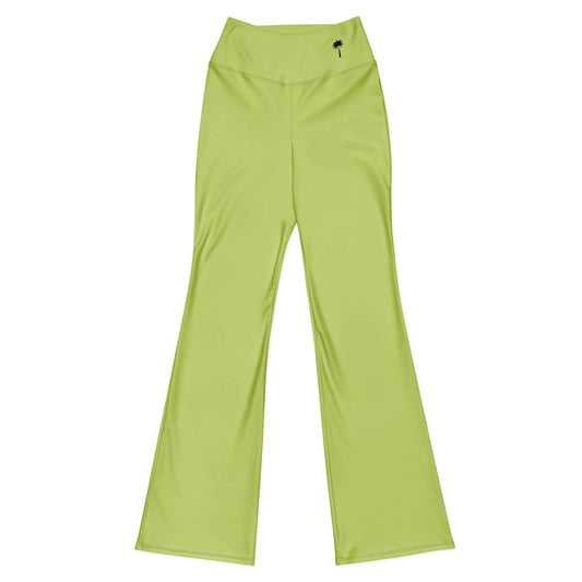 The Printful Carolina Flared Performance Leggings for women in light green feature a high waist, butt-lifting fit, and a small black palm tree logo on the upper left waistband, shown laid flat on a white background.