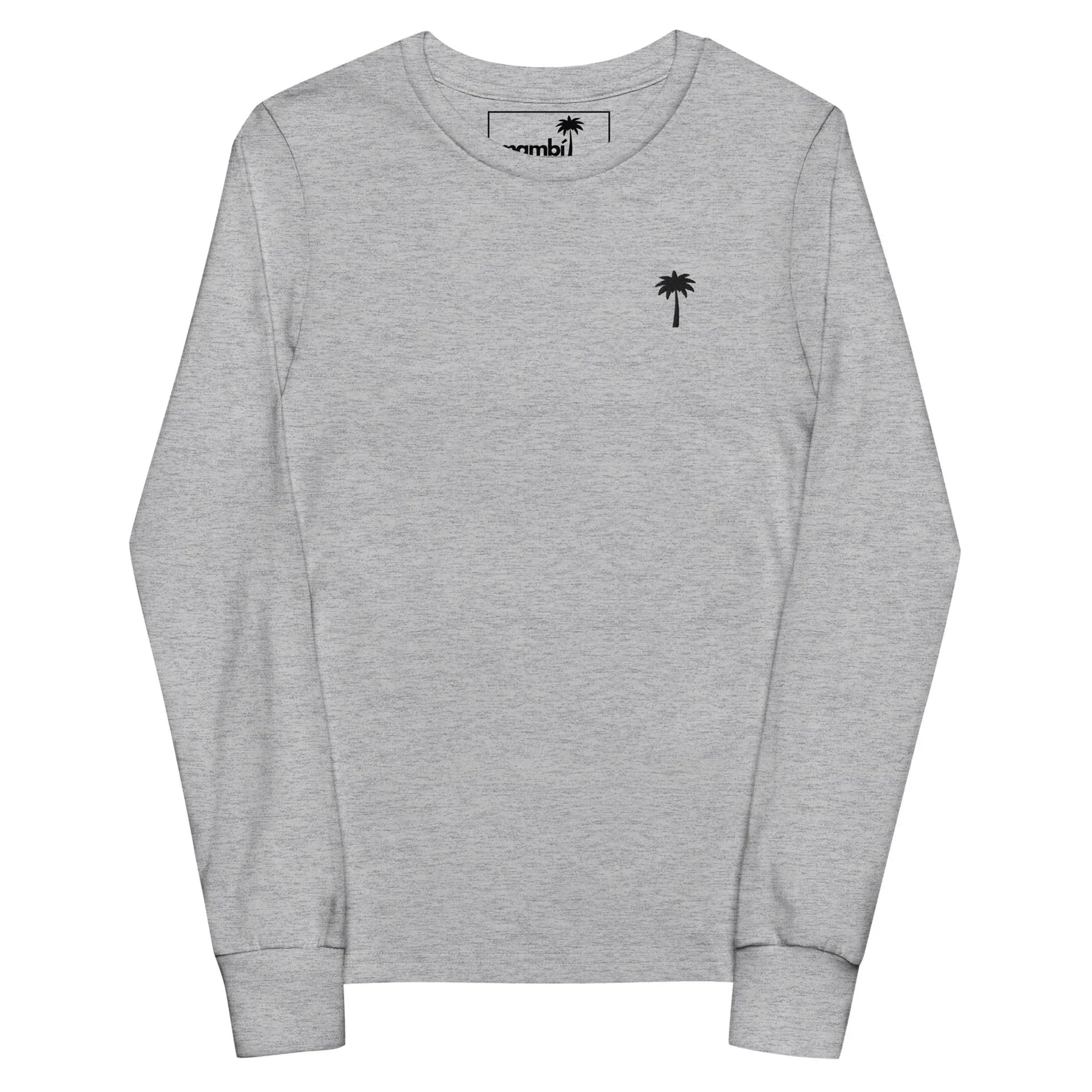 A light gray long-sleeve crewneck shirt with a small black palm tree logo and subtle Mambí detailing on the left chest. The shirt is laid flat on a white background.