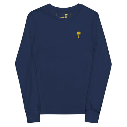 A navy blue long-sleeve shirt featuring a small yellow palm tree graphic on the left chest area and a subtle Mambí touch, neatly laid flat on a white background.