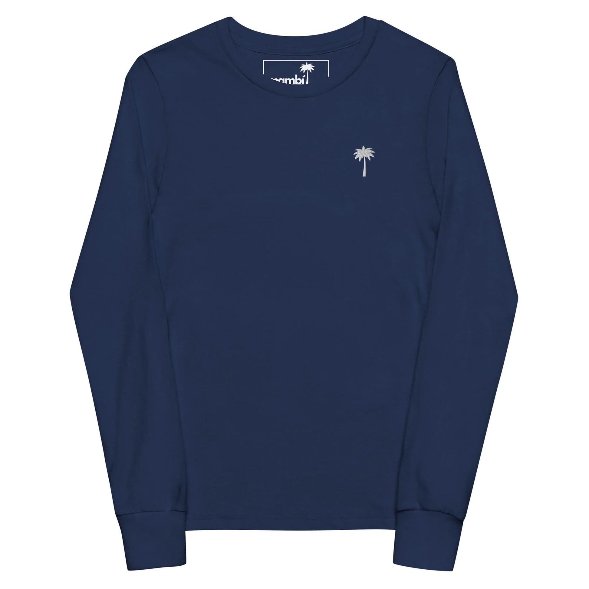 A navy blue long-sleeve t-shirt with a small white palm tree logo and subtle Mambí touch on the left chest. The shirt is laid flat on a white background.