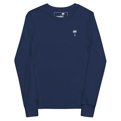 A navy blue long-sleeve t-shirt with a small white palm tree logo and subtle Mambí touch on the left chest. The shirt is laid flat on a white background.