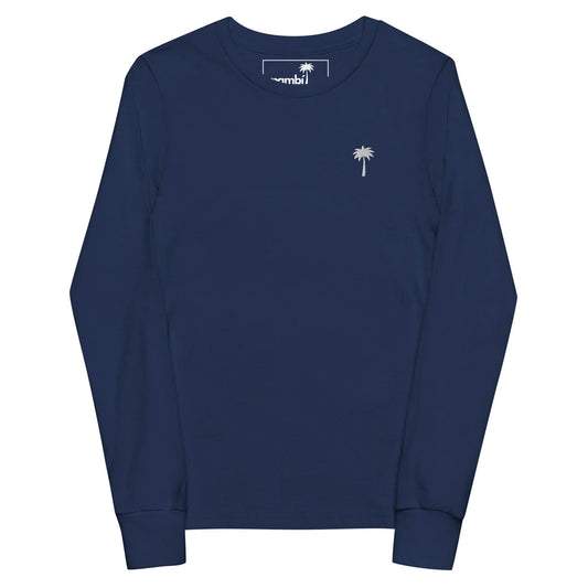 A navy blue long-sleeve t-shirt with a small white palm tree logo and subtle Mambí touch on the left chest. The shirt is laid flat on a white background.