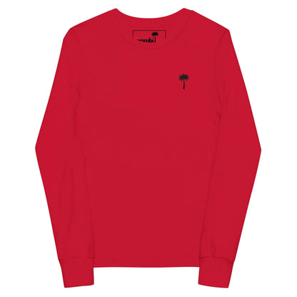 A plain red long-sleeve Mambí shirt featuring a small black palm tree graphic on the left chest, laid flat on a white background.