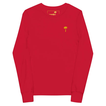 A long-sleeved red Mambí shirt featuring a small yellow palm tree graphic on the left chest area.