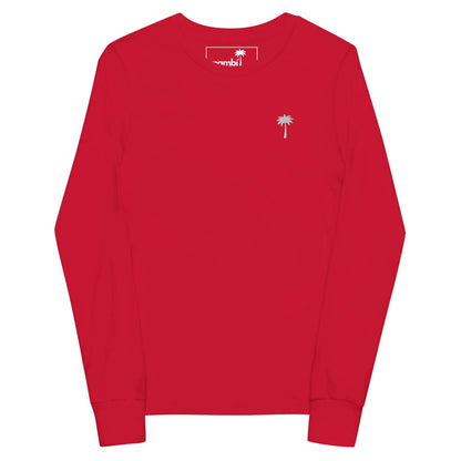 A plain red long-sleeve Mambí shirt featuring a small white palm tree logo on the left chest area.