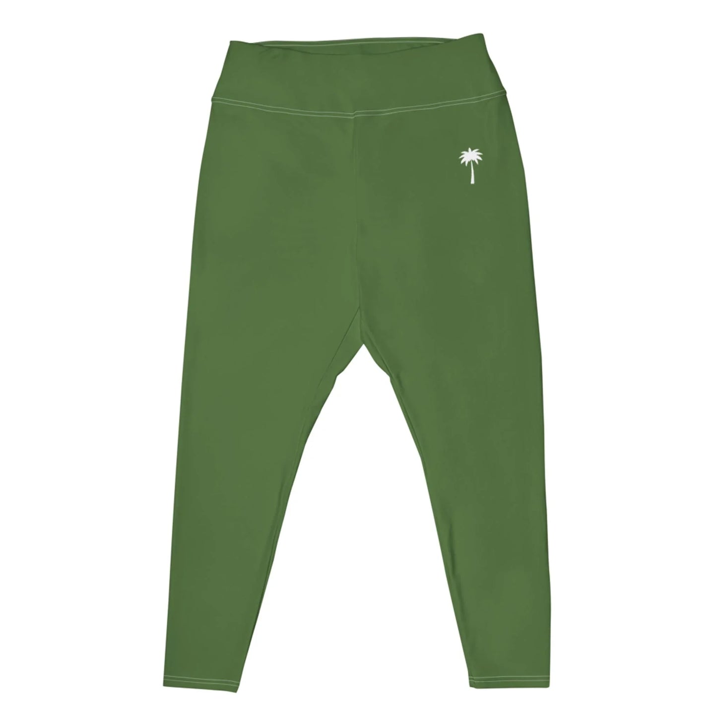 Olive green high-waisted Mambí leggings with a small white palm tree graphic on the left hip, displayed on a white background.