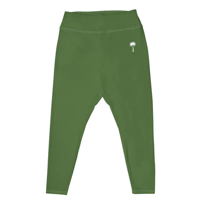 Olive green high-waisted Mambí leggings with a small white palm tree graphic on the left hip, displayed on a white background.