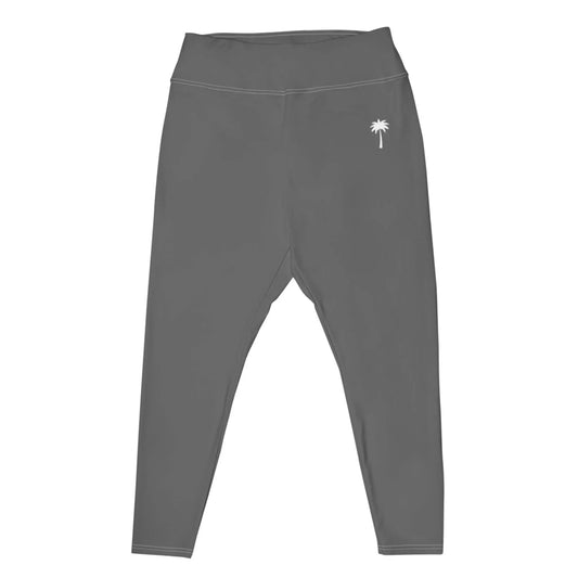Gray high-waisted Mambí leggings featuring a small white palm tree logo on the left hip, displayed against a white background.