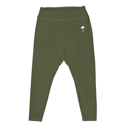 Olive green high-waisted leggings with a small white palm tree graphic on the left hip, inspired by Mambí style, displayed on a plain white background.