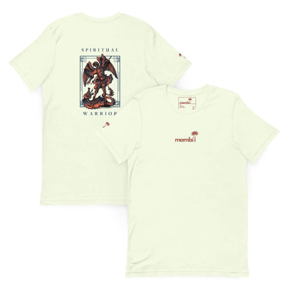 Two pale-colored Mambí t-shirts are shown, one front and one back. The front displays a small “mambi” logo with a red palm tree, while the back features an illustrated angel with a sword above the words SPIRITUAL WARRIOR.