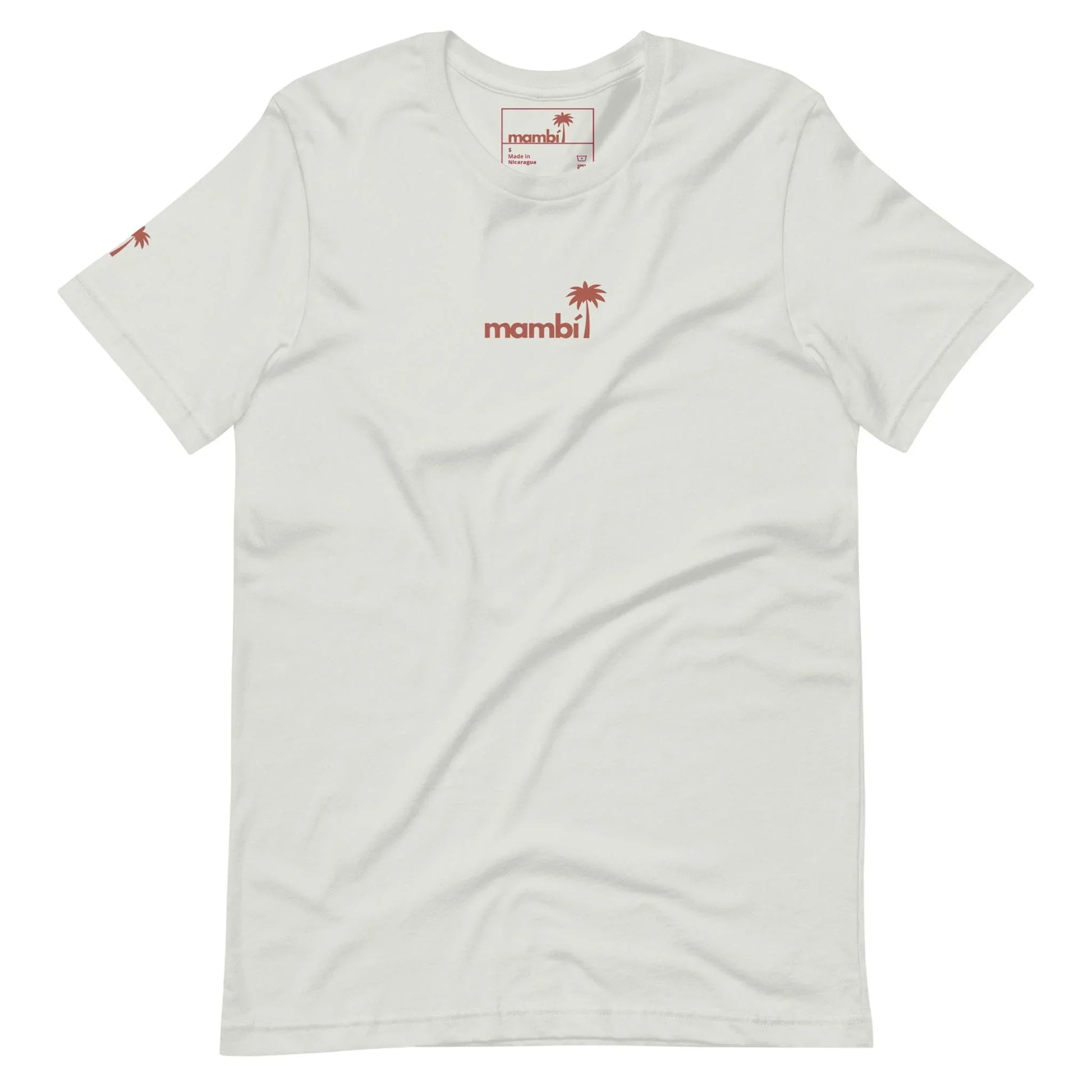 White short-sleeve t-shirt featuring a small red palm tree and the word Mambí in lowercase across the chest. A matching red palm tree decorates the left sleeve.