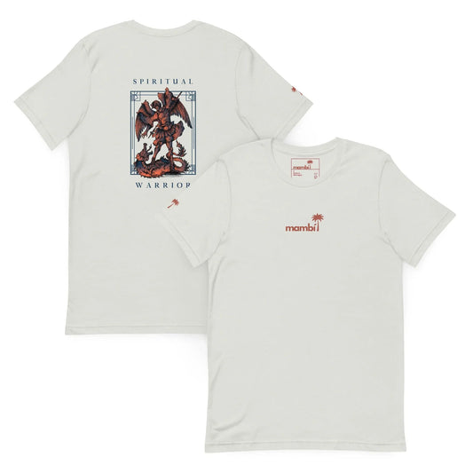 Two white Mambí t-shirts are displayed front and back. The front shows a small red Mambí logo with a palm tree, while the back features an angel defeating a demon and the words “SPIRITUAL WARRIOR.”.