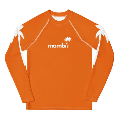 An orange long-sleeve rash guard featuring white palm tree designs on the shoulders and “Mambí” with a small palm tree logo in white on the chest.