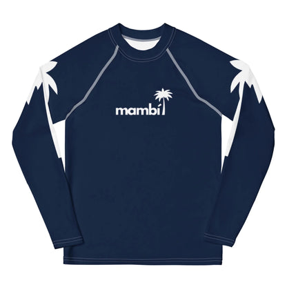 Navy blue long-sleeve rash guard featuring white palm tree designs on the shoulders and Mambí with a palm tree graphic above the i printed in white on the chest.