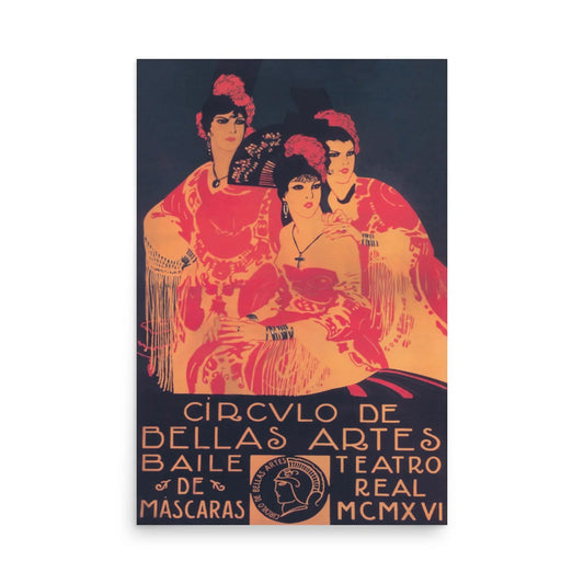 The Circulo de Bellas Artes reprinted vintage poster by Printful features three women in red dresses for a masked ball, Teatro Real 1916. Printed on premium luster paper, 24x36—ideal for sophisticated or vintage decor.