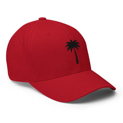 A bright red Mambí baseball cap featuring a small black palm tree graphic on the front left panel, shown on a white background.