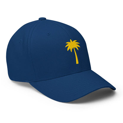 A blue Mambí baseball cap featuring a simple yellow palm tree design embroidered on the front.
