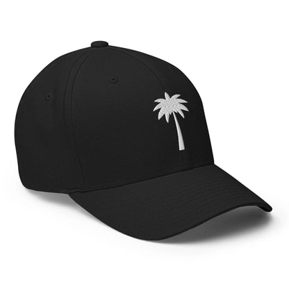 A black Mambí baseball cap featuring a small, white embroidered palm tree design on the front left side.