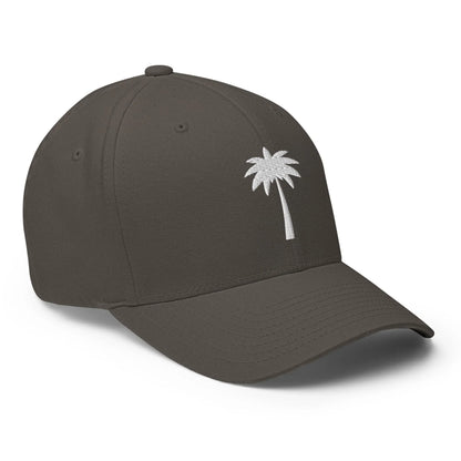 A dark gray Mambí baseball cap featuring a small, white embroidered palm tree on the front left panel. The cap has a curved brim and visible stitching details.