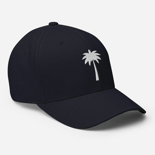 A black Mambí baseball cap featuring a small white embroidered palm tree design on the front, photographed against a plain white background.