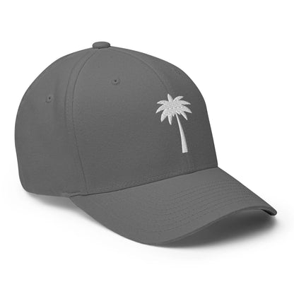 A gray Mambí baseball cap featuring a simple white embroidered palm tree design on the front left side.