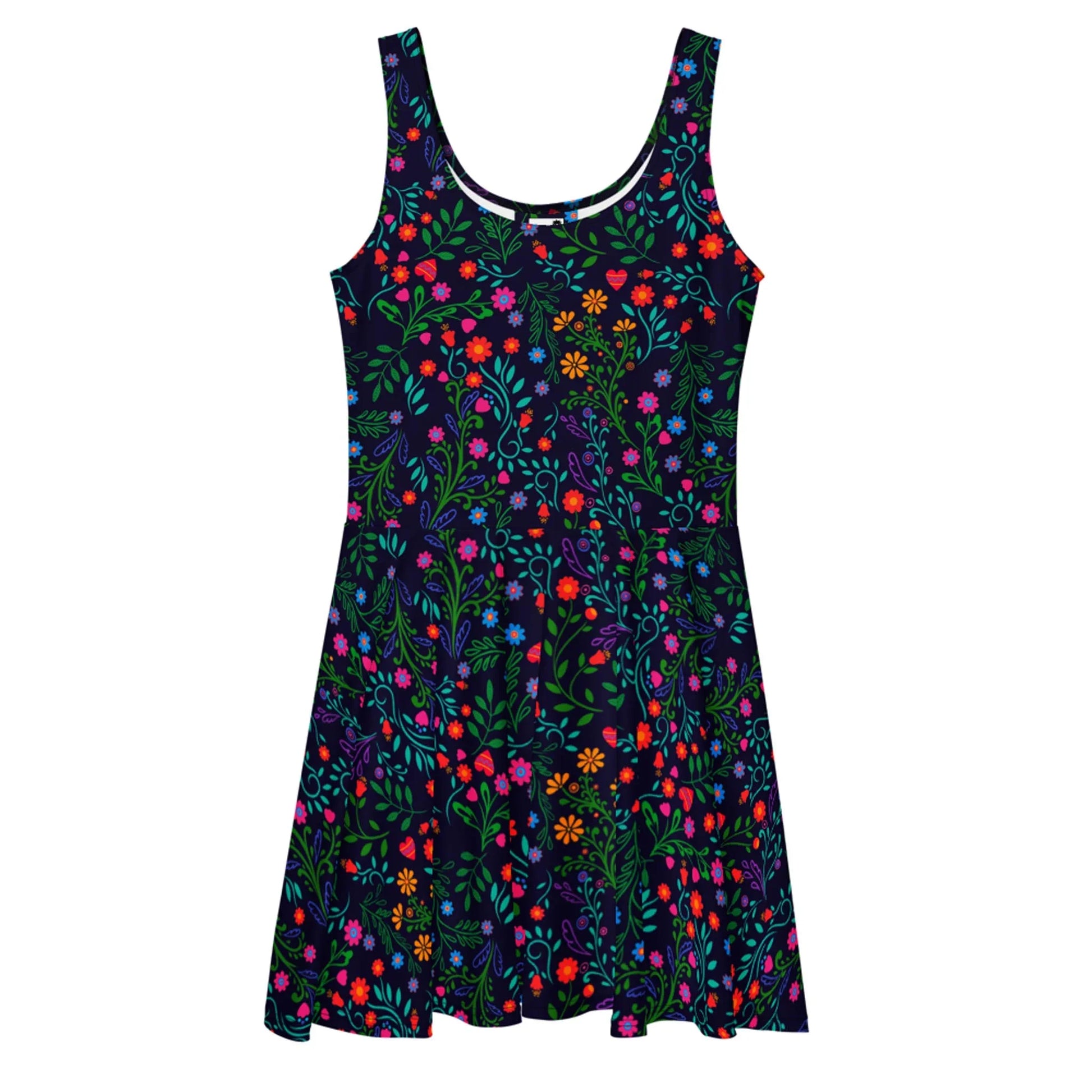 The Coco Skater Dress by Printful is a sleeveless womens dress with a flared skirt, made from soft fabric. It has a dark base with vibrant red, orange, purple, green, and blue floral patterns and leafy details.