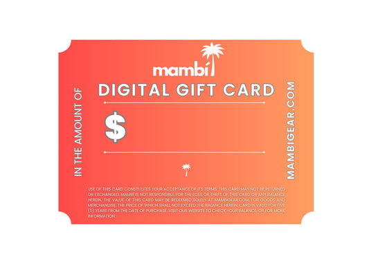 Mambi digital gift card for unspecified amount, with palm tree design on a white background