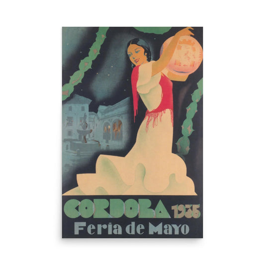 The Cordoba Reprinted Vintage Poster by Printful features a 1935 Feria de Mayo flamenco dancer with lantern amid city lights and green garlands, beautifully printed on premium luster paper in a 24x36 size for a refined look.