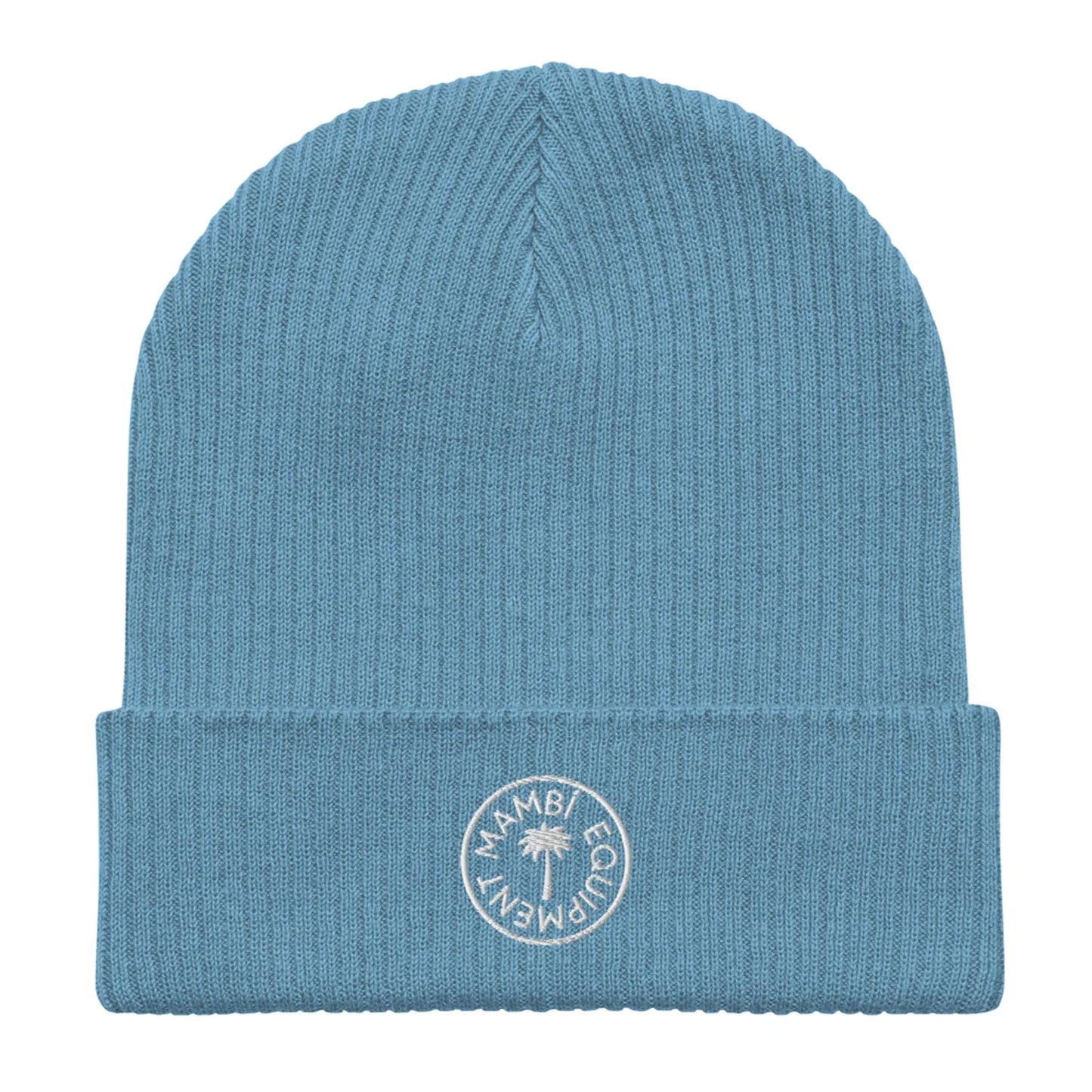 Blue ribbed unisex organic beanie with Mambi Equipment logo on the cuff