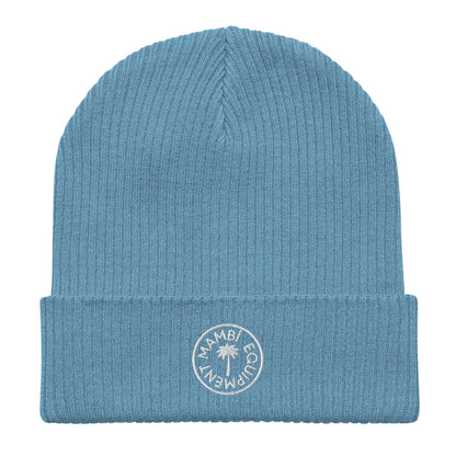 Blue ribbed unisex organic beanie with Mambi Equipment logo on the cuff