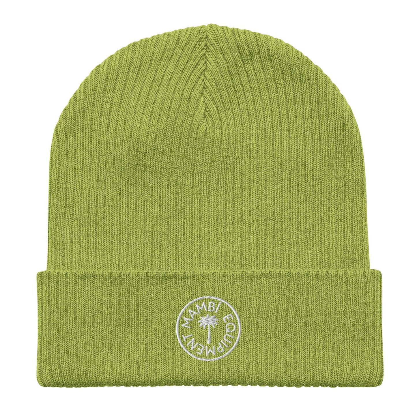 Leaf green unisex organic ribbed beanie with white MAMBI EQUIPMENT logo embroidery