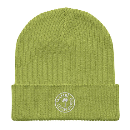 Leaf green unisex organic ribbed beanie with white MAMBI EQUIPMENT logo embroidery