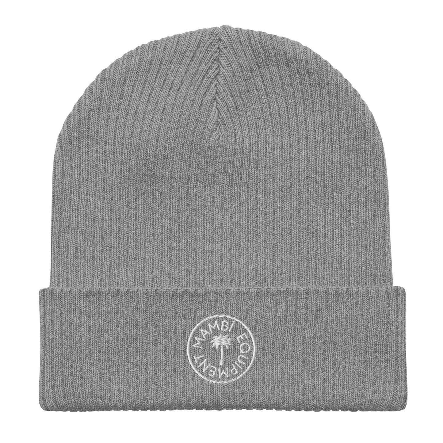 Light grey unisex organic ribbed beanie with embroidered Mambi Equipment logo
