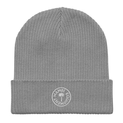 Light grey unisex organic ribbed beanie with embroidered Mambi Equipment logo